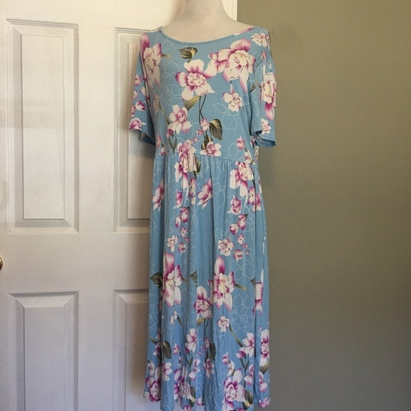 Pink and Blue Floral Midi Sundress with Crew Neck. Deep side pockets. - Picture 1 of 9